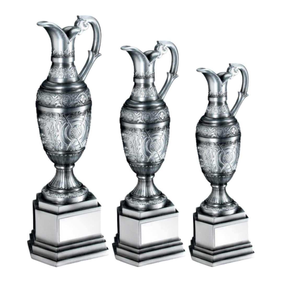 PAINTED SILVER GOLF 'CLARET JUG' WITH PLATE