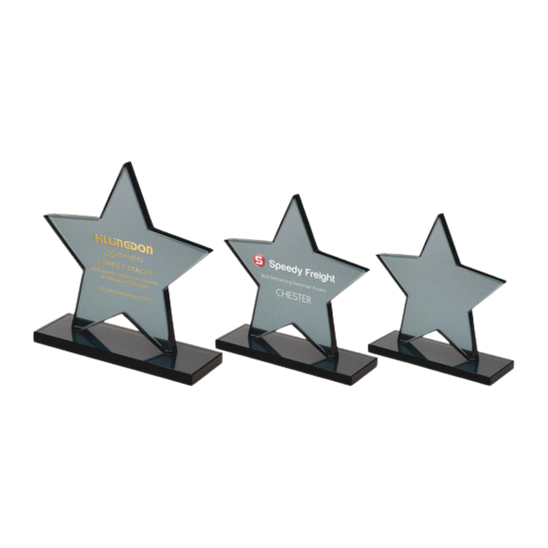 SMOKED BLACK GLASS STAR PLAQUE (10mm THICK)