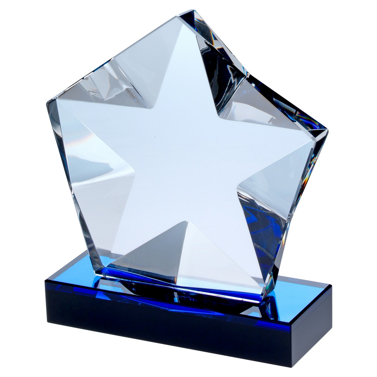 CLEAR GLASS PENTAGON PLAQUE WITH STAR DETAIL ON BLACK/BLUE BASE