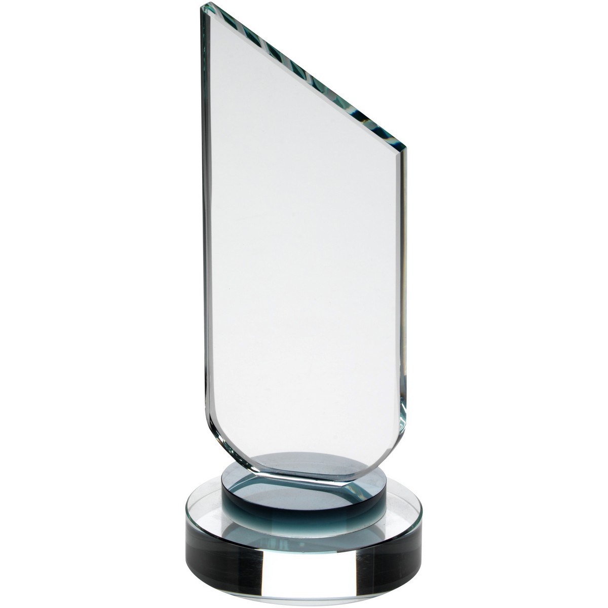CLEAR GLASS PLAQUE WITH BLACK NECK AND ROUND BASE