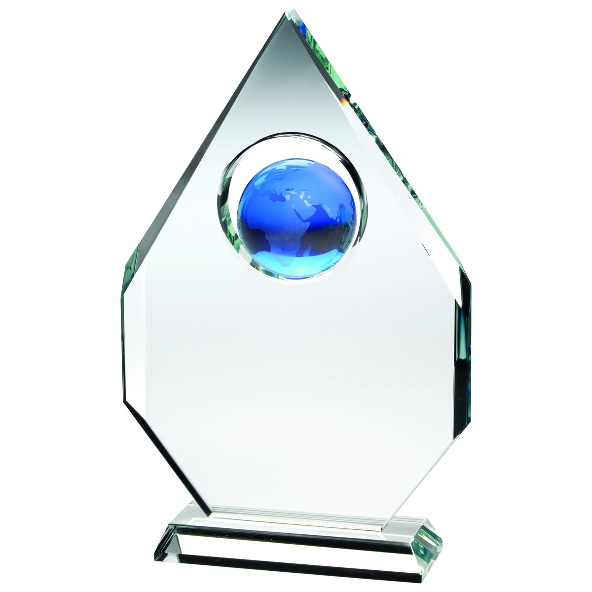 CLEAR GLASS DIAMOND PLAQUE WITH BLUE GLOBE (18MM THICK)
