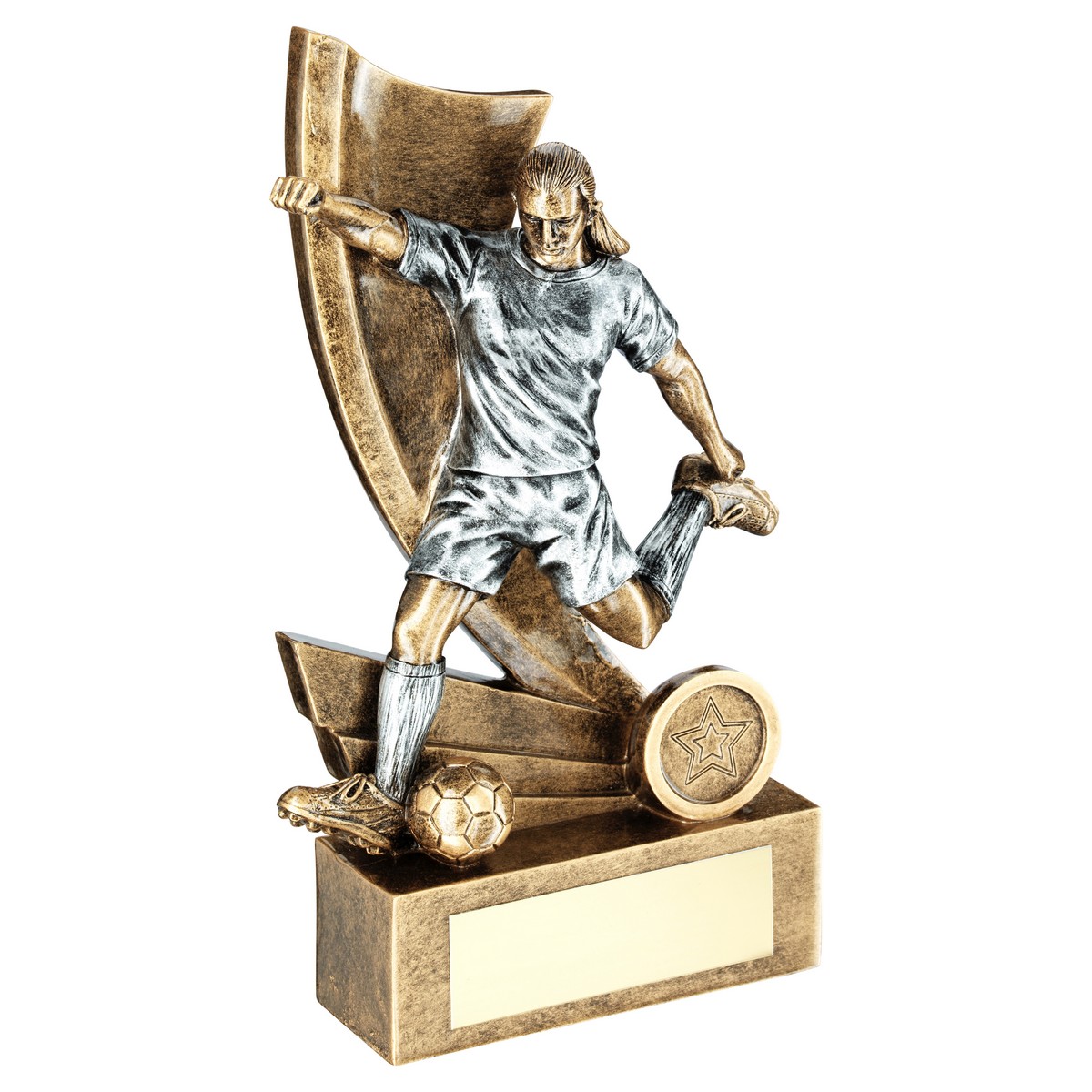 GOLD FEMALE FOOTBALL FIGURE ON SWOOSH BACKDROPﾠ