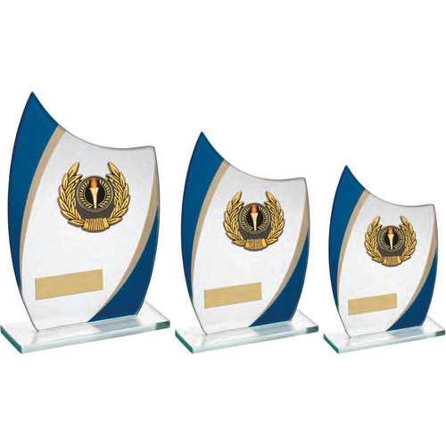 JADE/BLUE/GOLD CURVED GLASS WITH GOLD/BLK WREATH TRIM TROPHY