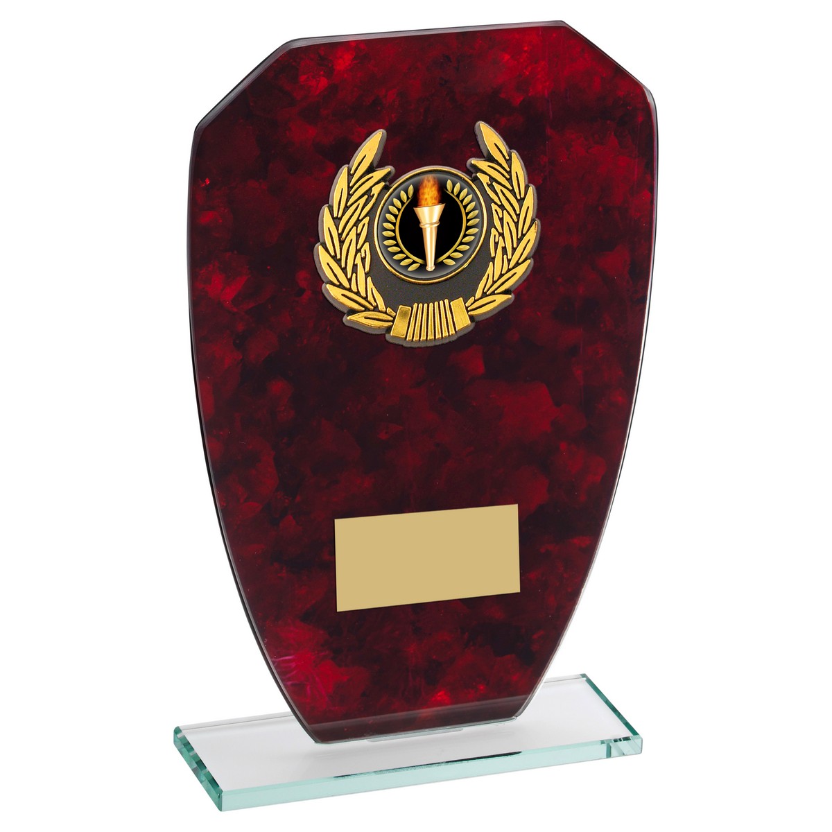 JADE GLASS WITH RED MARBLE BACKING AND GOLD TRIM TROPHY (1in CENTRE)