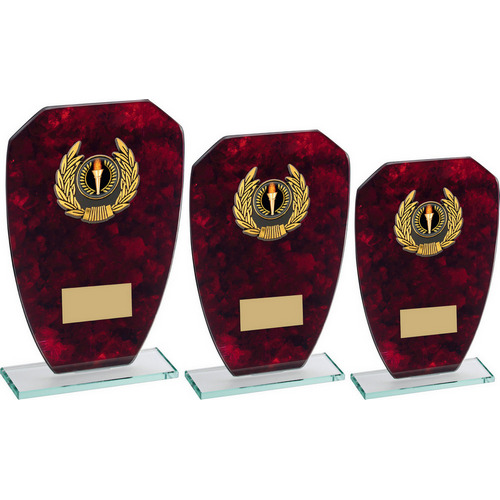 JADE GLASS WITH RED MARBLE BACKING AND GOLD TRIM TROPHY (1in CENTRE)