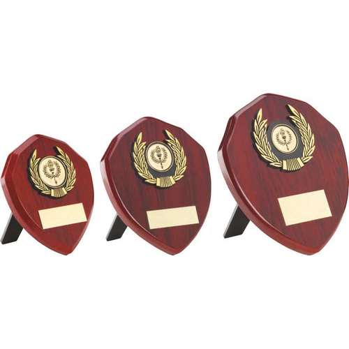ROSEWOOD SHIELD AND GOLD TRIM TROPHY
