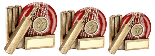 BRZ/RED CRICKET BALL, BAT AND STUMPS FLATBACK WITH PLATE (1in CENTRE)