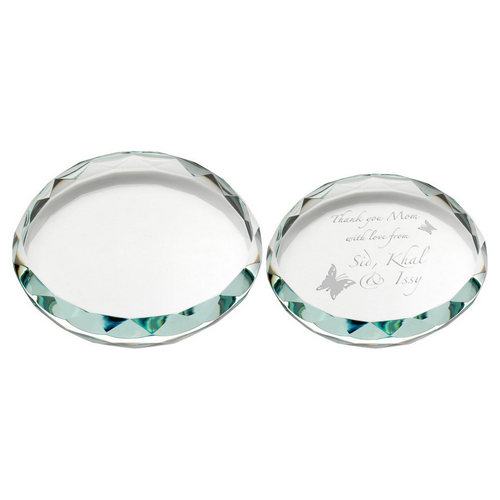 CLEAR GLASS ROUND PAPERWEIGHT WITH FACETED EDGE (19MM THICK)