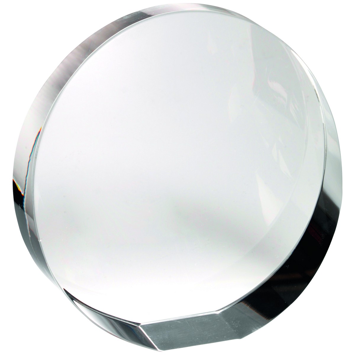 CLEAR GLASS ROUND WEDGED PAPERWEIGHT (STANDING OR FLAT)